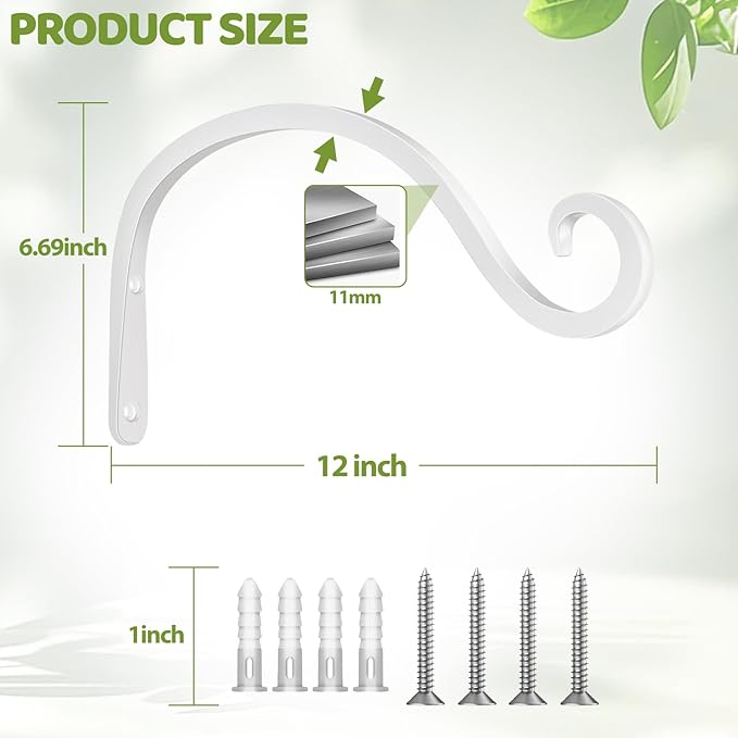 BOLITE Plant Hangers Outdoor Indoor, 12 Inch Wall Plant Hooks, Metal Bird Feeder Hanger for Hummingbird Feeders, Planters, Lanterns, Wind Chimes, Home Decor, 2 Pack, White, Gifts for Women Men