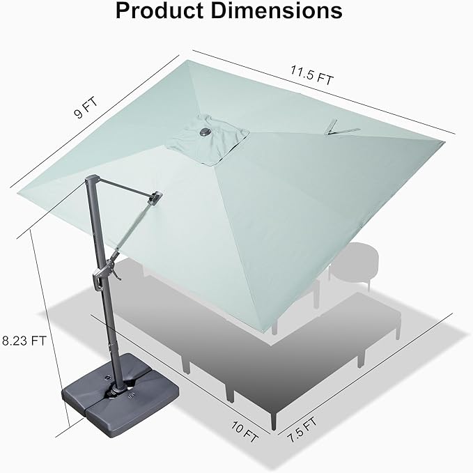 PURPLE LEAF Patio Umbrella 9' X 11.5' Rectangle Cantilever Umbrella Large Aluminum Outdoor Umbrellas with 360-degree Rotation & UPF40+ Premium Fabric for Deck Pool Garden Yard, Mint Green