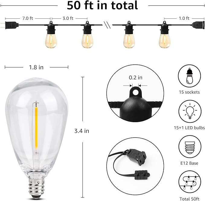 Lepro S14 Outdoor String Lights - 50ft with 15 Shatterproof LED Edison Bulbs, Waterproof Bistro Lights for Deck, Pergola, Porch, Garden, Gazebo