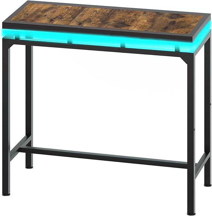 Bar Table with LED Lights, Counter Height Bar Height Table, Pub Gaming Table, Metal Frame, for Living Room, Dining Room, Pub, Rustic Brown and Black BT01DBR