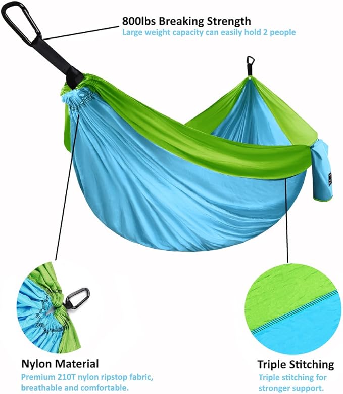 Gold Armour Camping Hammock - XL Double Hammock Portable Hammock Camping Accessories Gear for Outdoor Indoor with Tree Straps, USA Based Brand (Sky Blue and Lime Green)