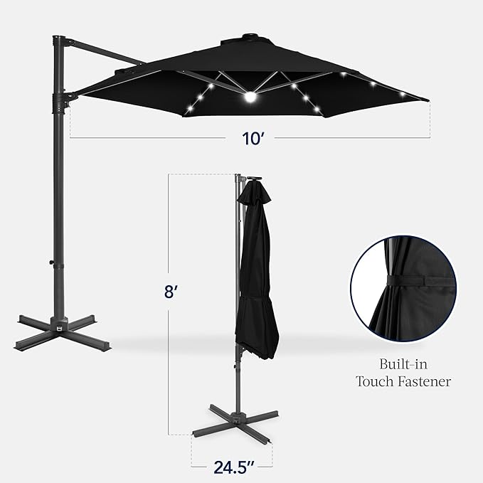 Best Choice Products 10ft Solar LED Offset Cantilever Hanging Market Patio Umbrella, Smooth 360° Rotation, 8 Sturdy Ribs, Easy Adjustment - Black
