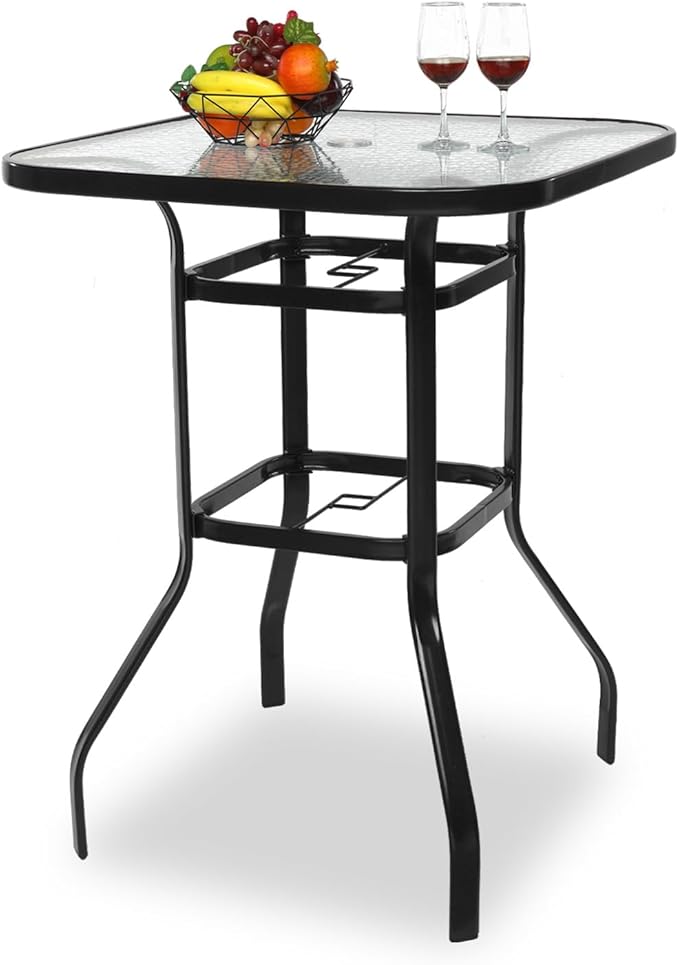 VINGLI Outdoor Bar Table with Umbrella Hole, Modern Black Metal Patio Bar Table, High Top Table for Outdoor Relaxation and Home Entertaining (Black, 31.5'x31.5'x40.3')