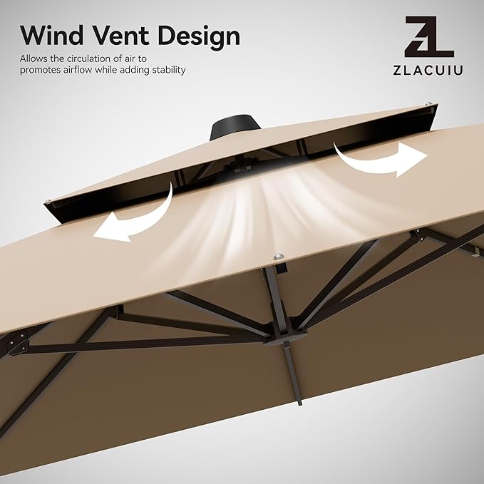9x12FT Brown Cantilever Outdoor Patio Umbrella with Base, Large Rectangular Offset Design, Double Top Heavy Duty Aluminum Frame & 360° Rotation for Pool Garden Deck Backyard
