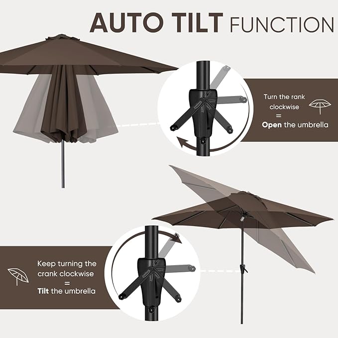 Tempera Patio Market Outdoor Table Umbrella with Auto Tilt and Crank, Large Sun Umbrella with Sturdy Pole & Fade Resistant Canopy, Easy to Set