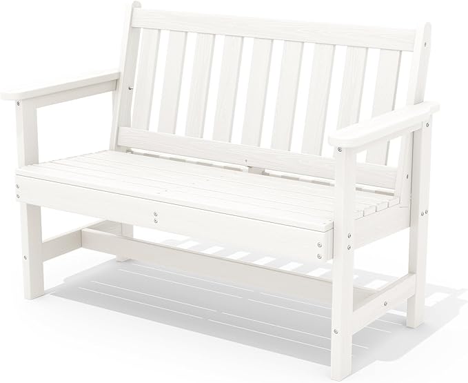 SERWALL Outdoor Bench, HDPE Outdoor Benches Weatherproof, 2-Person Garden Bench with 660 lbs Weight Capacity, Patio Benches for Outdoors, Garden, Porch, Backyard and Park, White