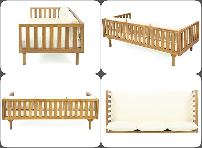 Merax Outdoor 3 Seater Daybed, Acacia Wood Day Bed Couch Sofa with Cushions for Patio Backyard, Garden, Beige