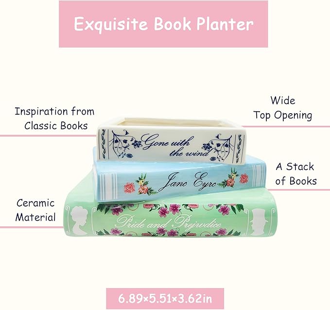 Small Book-Shaped Decorative Planter - Ceramic Vase for Flowers - Cute Bookshelf Home Bedroom Office Decor - Unique Classic Titles Bookstack Housewarming Gifts for Book Lovers