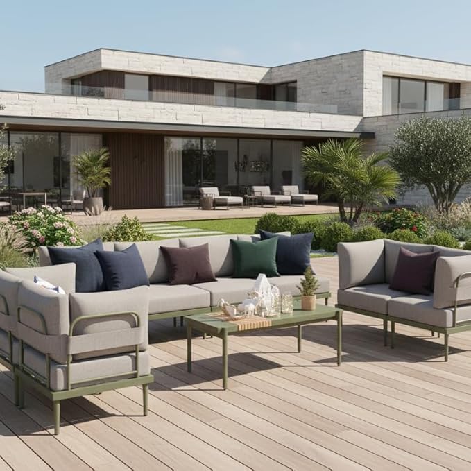 Sundale Outdoor 9 Pieces Patio Furniture Set, U-Shaped Outdoor Sectional Sofa with 6 Inch Olefin Cushion and Coffee Table, Modern Metal Outdoor Conversation Sets for Backyard, Poolside