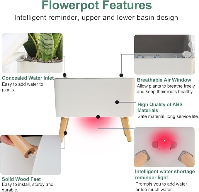 13.5 Inch Indoor Decorative Planter Pot with Solid Wood Legs, Self Watering Pots with Water Shortage Alarm Plant Pot for Modern Flower Planter for Home & Garden(White)