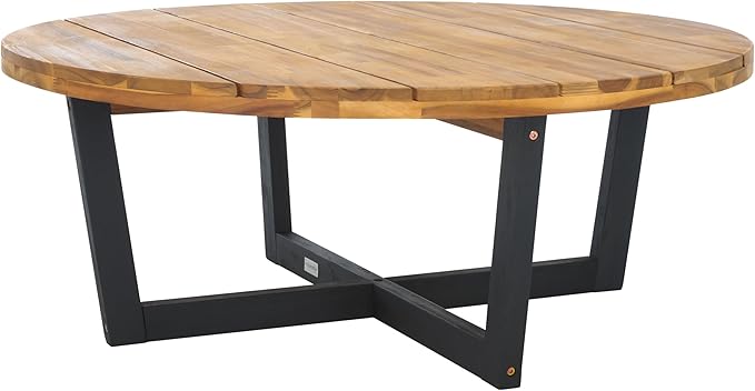 SAFAVIEH Outdoor Collection Leo Natural/Black 4-Leg Round Coffee Table, Ideal for Deck, Patio, Backyard, Sunroom