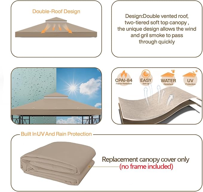 119''x119'' Canopy Replacement Top Double Tiered Gazebo Cover for Yard, Patio & Garden Durable Sunshade Replacement(No Frame)(Khaki)