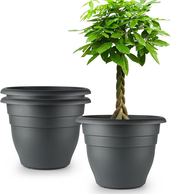 3 Pack Large 16 Inch Plastic Plant Pots for Outdoor Plants,Durable & Lightweight Flower Pots with Drainage Holes,Weather-Resistant Large Planters for Patio Garden(Gray)