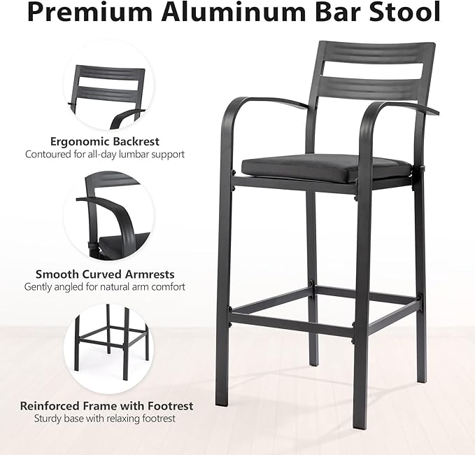 VINGLI Outdoor Bar Stools Set of 2, All-Weather Bar Height Aluminum Stools with 1.6" Thick Cushion, Rust-Proof Patio Chairs for Backyard, Poolside, Balcony & Kitchen Island (Dark Gray)