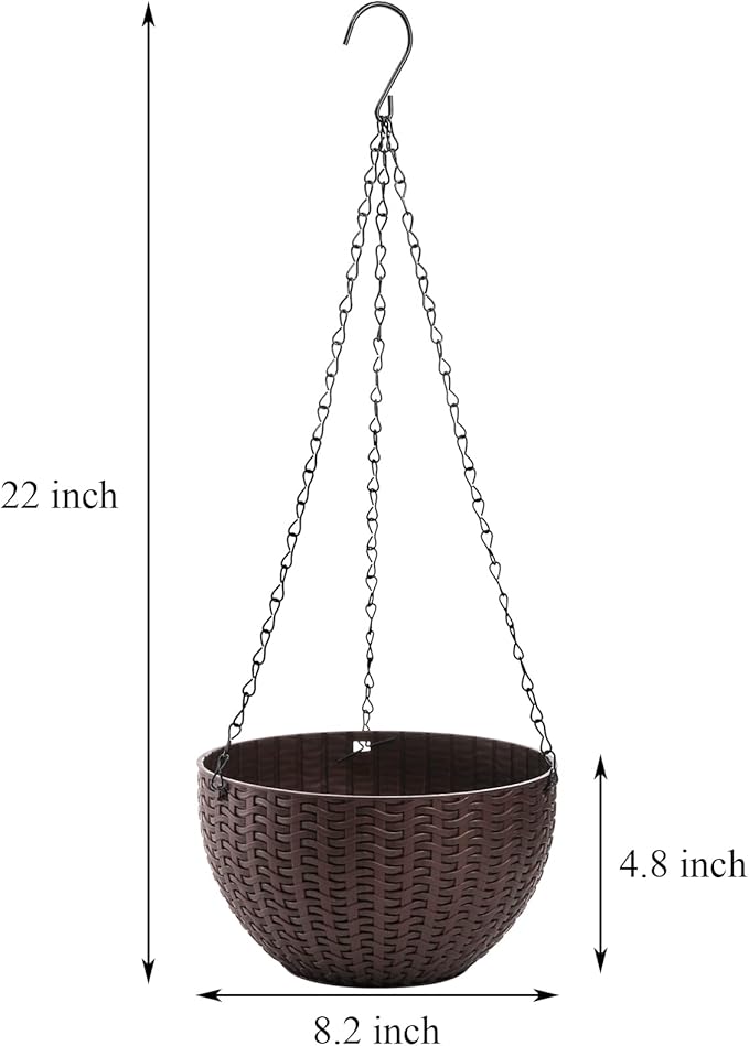 Foraineam 4 Pack 8.2 inch Self-Watering Hanging Planters, Garden Flower Plant Pot Container, Hanging Basket Planter with Drainer and Chain for Indoor Outdoor Use, Coffee Brown