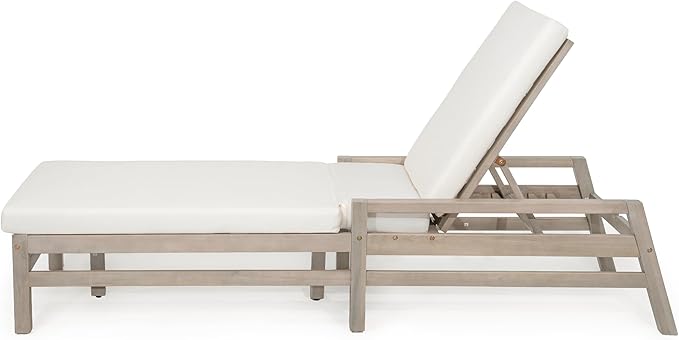 LUMISOL Patio Chaise Lounge Chair, 5-Position Adjustable Outdoor Chaise Lounge, Solid Wood Patio Recliner Chair with Thick Cushions, Weather-Resistant for Pool, Balcony, Garden, Grey
