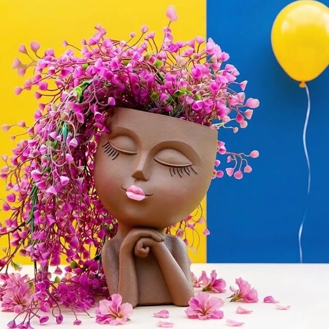 Face Flower Pot Head Planter, Girl Heads Flowerpot, Lady Faces Plant Pot, Female Bust Statue Succulent Pots with Drainage Hole for Indoor Outdoor Plants, Modern Human Art Vase(7" Brown)