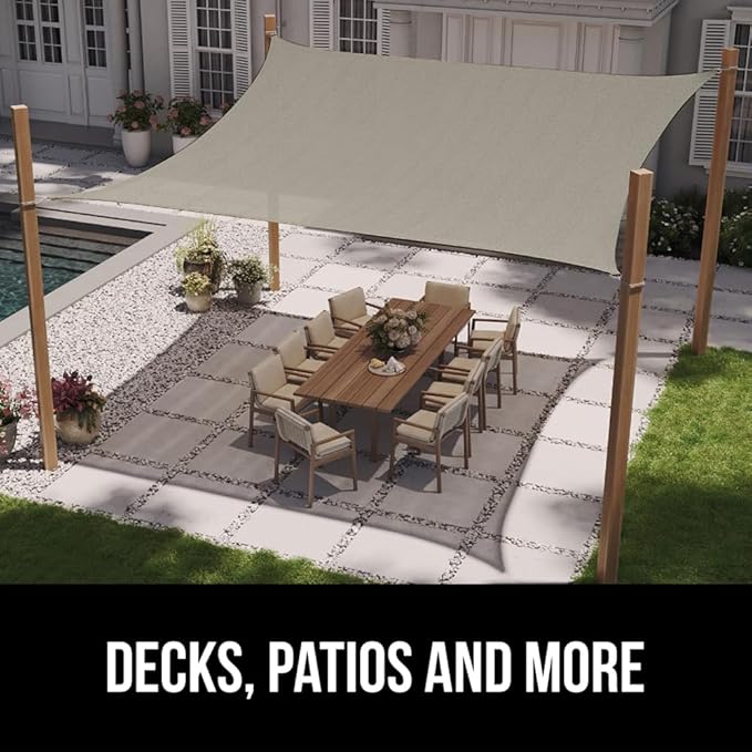 GORILLA GRIP Heavy Duty Sun Shade, UV Protection Fade Tear and Rust Resistant Rectangle Sunshade Canopy, Curved Edges Blocks Sunlight, Breathable Sail, Outdoor Patio, Lawn Garden 12x12 FT Gray