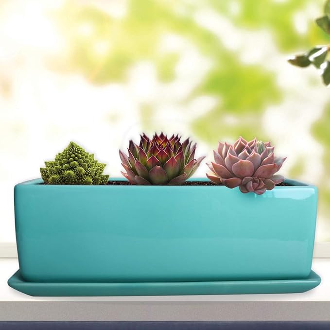 Vencer 14 Inch Rectangular Modern Minimalist Ceramic Succulent Planter Pot - Window Box with Saucer,Office Desktop Potted Stand,Turquoise,VF-0173T