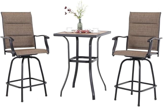 PHI VILLA 3 Piece Outdoor Swivel Bar Stools Set, Bar Height Patio Set with 2 Padded Textilene Fabric Chairs, All-Weather High Top Patio Bistro Table and Chairs Furniture, Brown