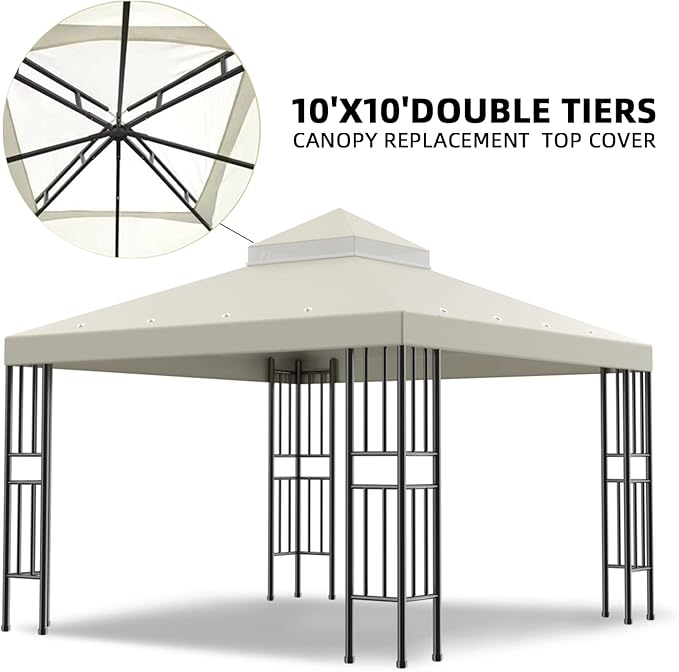Sumfaller 10x10 FT Gazebo Replacement Canopy Top Cover Double Tiered Canopy Top Cover for Patio Garden Outdoor BBQ Roof Cover Grill Shelter (Beige)