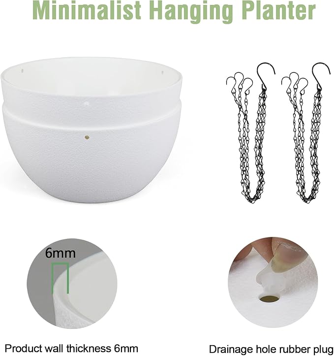 8 inch Small Hanging Planters for Indoor Outdoor Plants, 2 Pack Hanging Flower Pots with Drainage Holes and Chain for Garden Porch, Plastic Hanging Baskets for House Plants, White