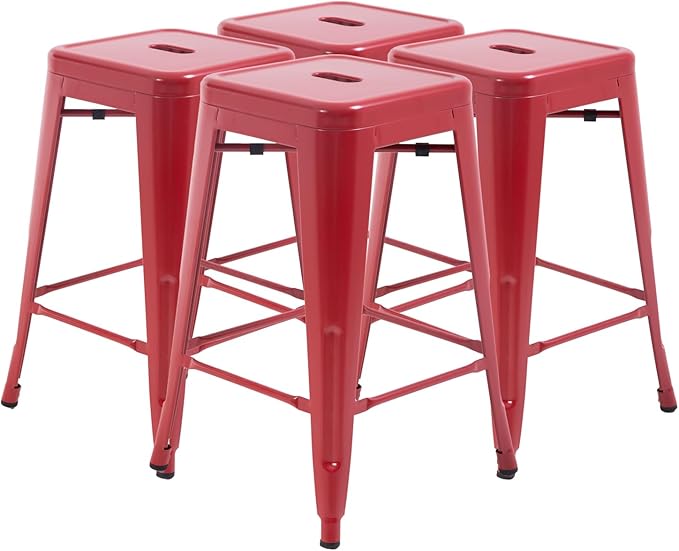 FDW Metal Bar Stools Set of 4 Counter Height Bar Stools 24 Inches Industrial Bar Chairs Patio Stool Stackable Backless Stool Indoor Outdoor Metal Kitchen Stools Bar Chairs (Red, 24")