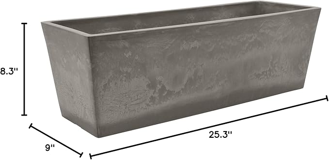 Arcadia Garden Products U65CT Plastic/Stone/Wood Composite Simplicity Window Box, No Drainage Hole (Drillable), Patio Plant Container, Indoor Outdoor Planter, 25.5" x 9, Cement Color