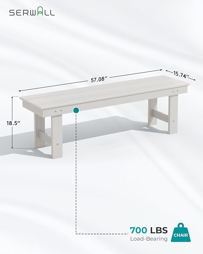 SERWALL Outdoor Dining Set for 6, HDPE Dining Furniture Set with Umbrella Hole Cut-Out Table and 1 Dining Bench and 4 Chairs, All Weather Outdoor Dining Bench Sets, White