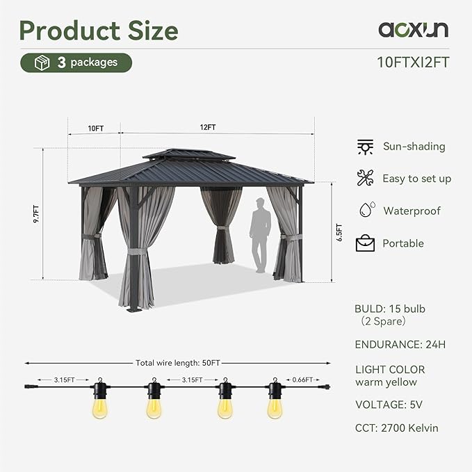 Aoxun 10'x12' Hardtop Gazebo, Aluminum Frame Canopy with Double Galvanized Steel Roof, Outdoor Metal Pavilion with Netting, and LED Outdoor Waterproof Hanging Lights