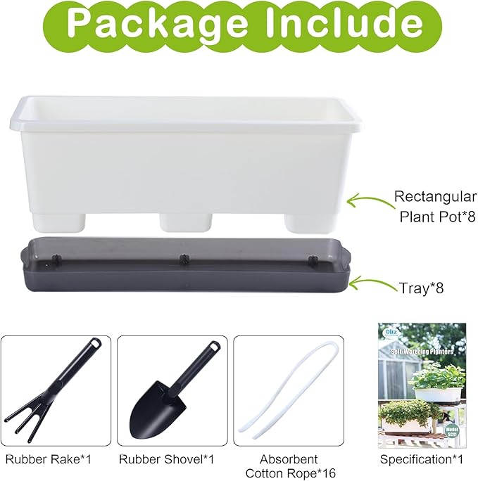 Window Box Planter 8 Pcs, 17 Inches Rectangle Flower Pots with Drainage Holes & Trays, Vegetable Planters for Windowsill Patio Garden Balcony Home Indoor Outdoor (White, 16 * 7 * 6 inch)
