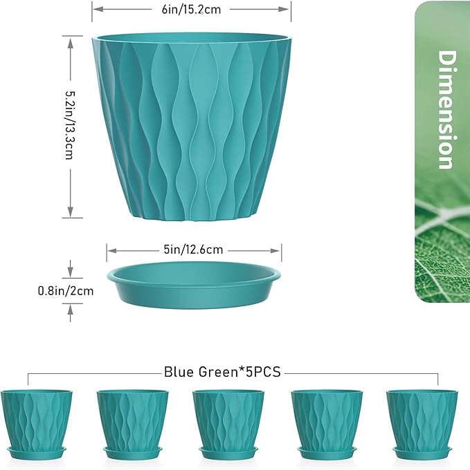 6 inch Flower Pots, 5 Pack Plant Pots for Indoor Plants, Water Ripples Plastic Planters with Drainage Holes and Saucers, Nursery Pots for Small Succulent Garden House Plants, Blue Green