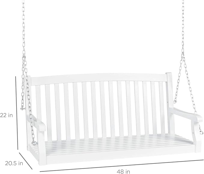 Best Choice Products 48in Wood Porch Swing Outdoor Patio Hanging Bench Chair Furniture for Deck, Garden, Yard w/Mounting Chains, Curved Back Design, 500lb Weight Capacity - White