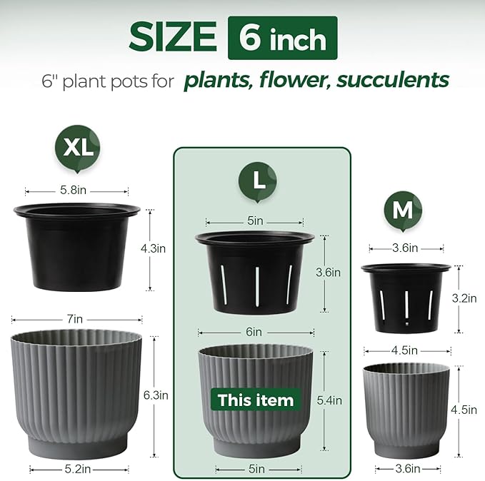 T4U 6 Inch Self Watering Pots for Indoor Plants, 6 Pack Plant Pots, Self Watering Planter for Indoor Plants, Durable Plastic Pots, Flower, Succulents (6 Pack, 6", Gray)