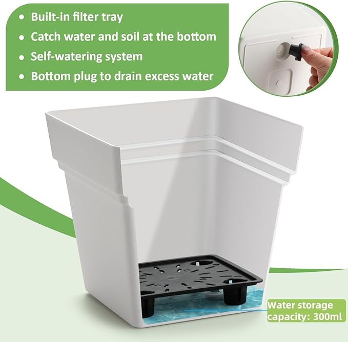 6-Pack 7 Inch Square Planters - Heavy Duty White Pots for Indoor Plants, Plastic Flower Pots with Built-in Drainage Tray & Stopper, Matte Modern Garden Planter, BPA-Free for Herbs & Succulents