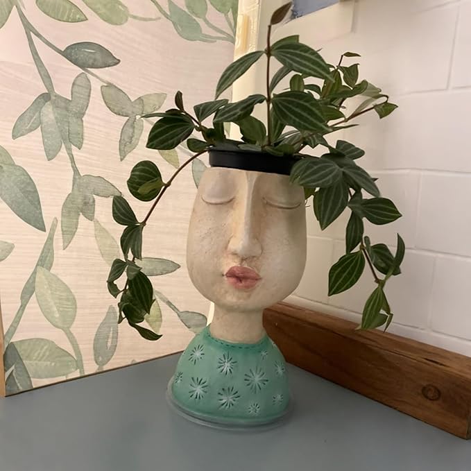 DiliComing Resin Face Planters Pots Head - 8 Inch Indoor and Outdoor Pot with Drainage Hole for Succulents Plants Home Garden Decor Unique Girl Sculpture Plant Pot