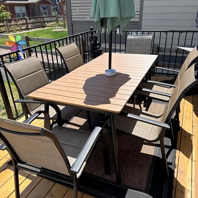 70" Patio Outdoor Dining Table for 4-6, Weather-Resistant Wood-Grain Top with Aluminum Frame & Umbrella Hole for Deck Gatherings, Brown