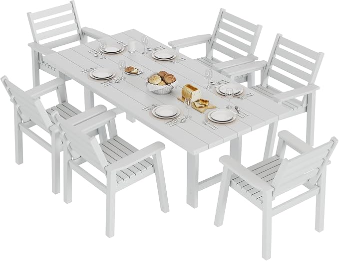 AMERLIFE 7-Piece HDPE Outdoor Dining Set with Umbrella Hole, 71" L Patio Table and Chairs Set for 6, Modern Garden Dining Set for Backyard, Poolside, Seaside, Porch, White