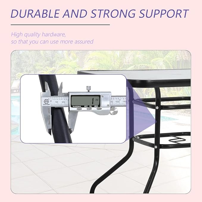 Outdoor Table Patio Table Dining Table with Tempered Glass Umbrella Hole for Lawn Balcony, Yard (Square)