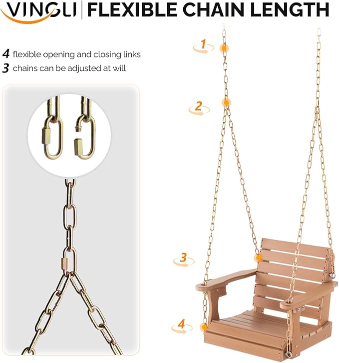 VINGLI Heavy Duty 880 LBS HDPE Porch Swing Outdoor with Rotatable Cup Holder, with Adjustable Chains, 1 Person Hanging Porch Swing Chair for Porch, Yard, Tree, Garden - Teak