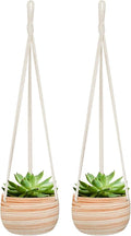 Mkono Ceramic Hanging Planter Macrame Plant Holder 5 Inch Cute Succulent Cactus Pot with Cotton Rope Hanger for Indoor Outdoor Decor, 2 Pack