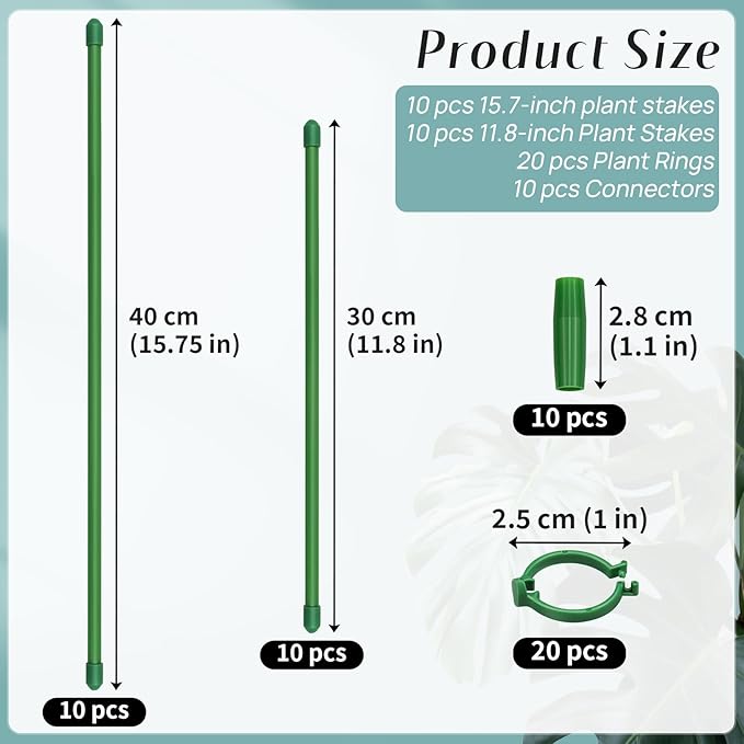 Plant Stakes, 20 Pcs Plant Sticks Stakes Support, Garden Stake Pole with Clips, Adjustable Plant Support with 20 Rings and 10 Connectors for Indoor and Outdoor Plants