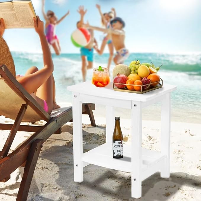 Y&M Outdoor Side Table, HIPS Adirondack Small Double Layer Table, Waterproof Square Outside Table, Balcony Modern End Tables for Patio, Pool, Beach, Porch, Deck, Indoor or Outdoor Use, White