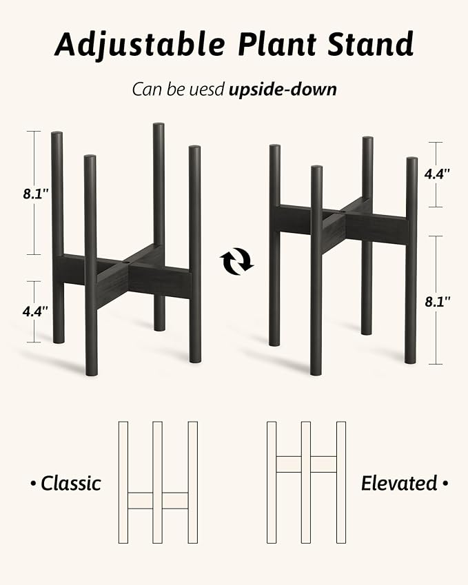 Adjustable Plant Stand Indoor, Bamboo Plant Stand Fits 8 9 10 11 12 Inches, Small Corner Planter Holder for Indoor Plants, Single Floor Plant Stands for Living Room Balcony, Pure Black