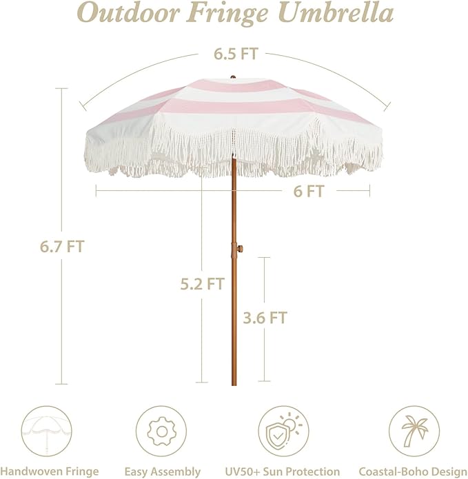 AMMSUN Boho Fringe Umbrella Outdoor Patio, 6.5ft UPF50+ Picnic Umbrella with Tassels with Steel Pole and Push Button Tilt, Pink Stripes