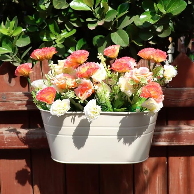 Meltset 3 Pack Metal Iron Hanging Flower Pot, Oval Railing Fence Garden Balcony Planter Pots, Metal Bucket Flower Holders for Wall Indoor Outdoor Home Décor, Beige