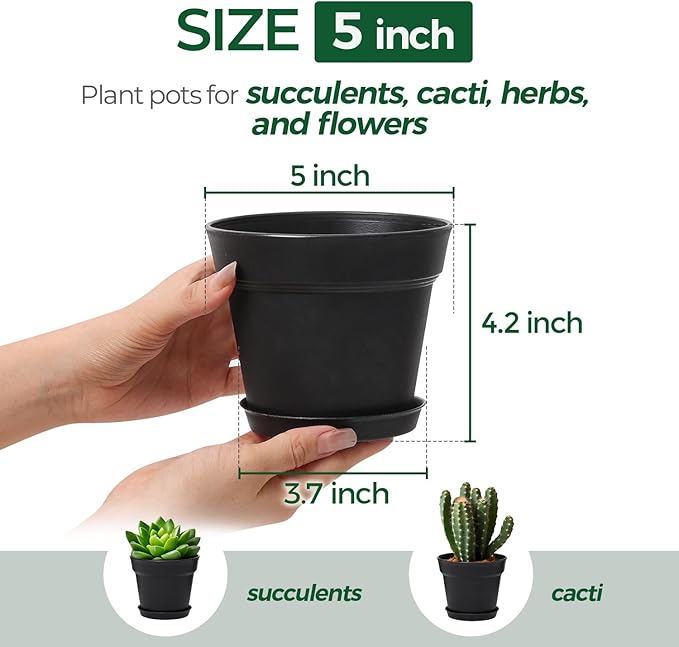 T4U Flower Pots 18-Pack, 5 Inch Plant Pot with Saucer and Drainage Hole, Durable Plastic Flower Pots, Small Pots for Plants, Violet, Succulent and Indoor Plant Decorative (18 Pack 5" Pot, Black)