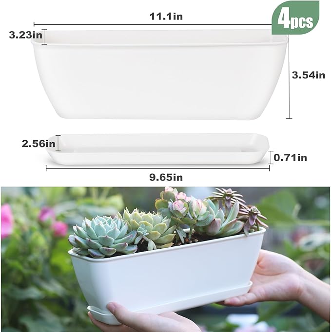 4-Piece White Rectangular Window Sill Planters with Drainage Holes and Trays (11 Inches) for Basil, Orchids, and Succulents Modern Herb Garden Planters Suitable for Indoor/Outdoor Plants