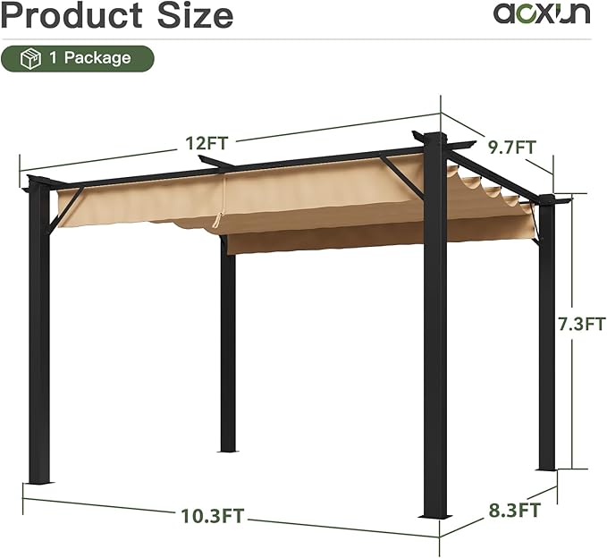 Aoxun 10'x12' Outdoor Pergola, Patio Aluminum Pergola with Upgraded Retractable Canopy, Heavy Duty Metal Pergolas and Gazebos with Adjustable Sun Shade Cover for Modern Backyard, Deck, Garden