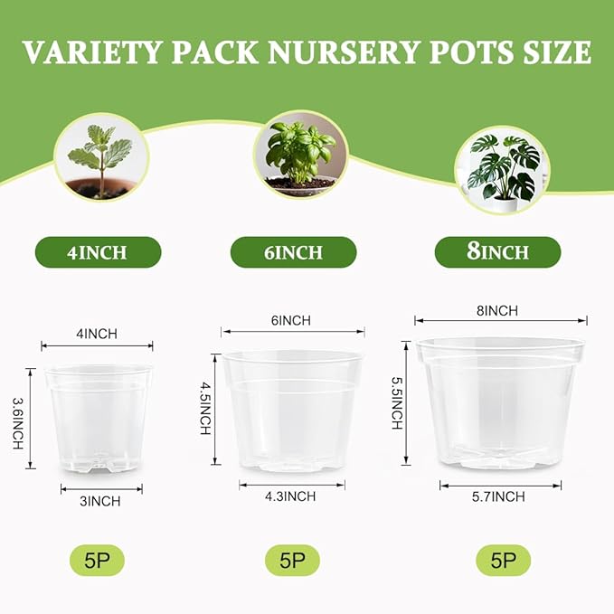 8/6/4 Inch Clear Plant Nursery Pots 15 Pack, Transparent Plastic Plant Pot with Drainage Hole, Sturdy Planting Starter Pots for Seedlings Herbs Flowers Vegetable (Clear-15P)
